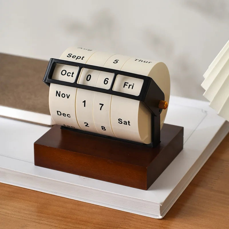 Wheel Perpetual Calendar – Rotating Desk Calendar with Wooden Base