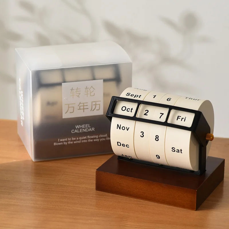 Wheel Perpetual Calendar – Rotating Desk Calendar with Wooden Base