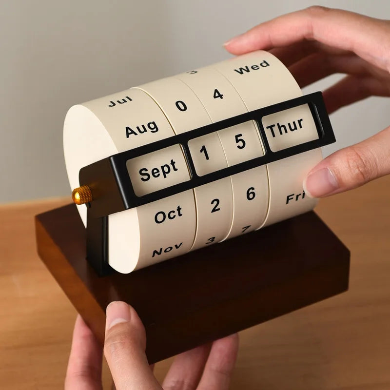 Wheel Perpetual Calendar – Rotating Desk Calendar with Wooden Base